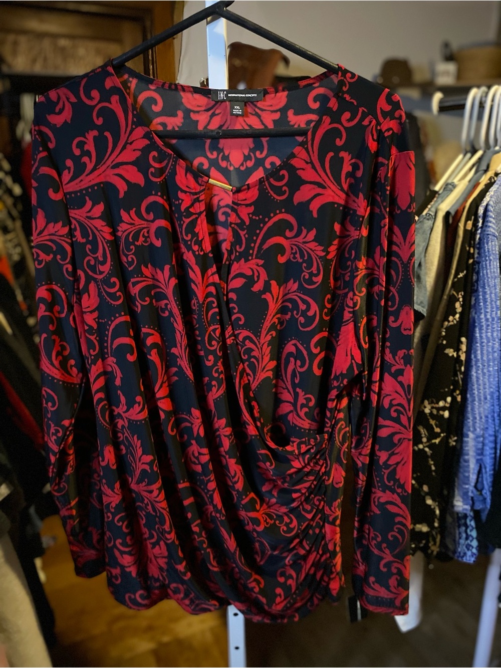 INC International Concepts Black Long-Sleeve Surplice Top with Red Scroll Print